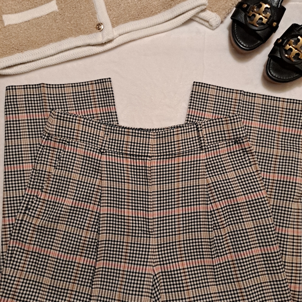 LOFT Peyton Checkered Wide Leg Trousers in Cream Black Red Women's Size 8